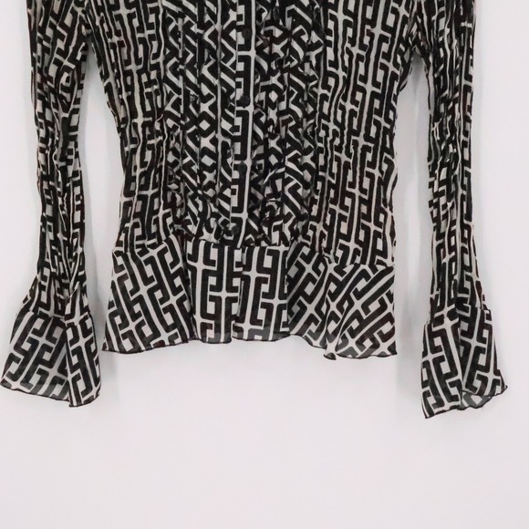 Y2K Ruffle Button Top Office Siren Flare Sleeves Vintage Indie Sheer Size M - Picture 3 of 9